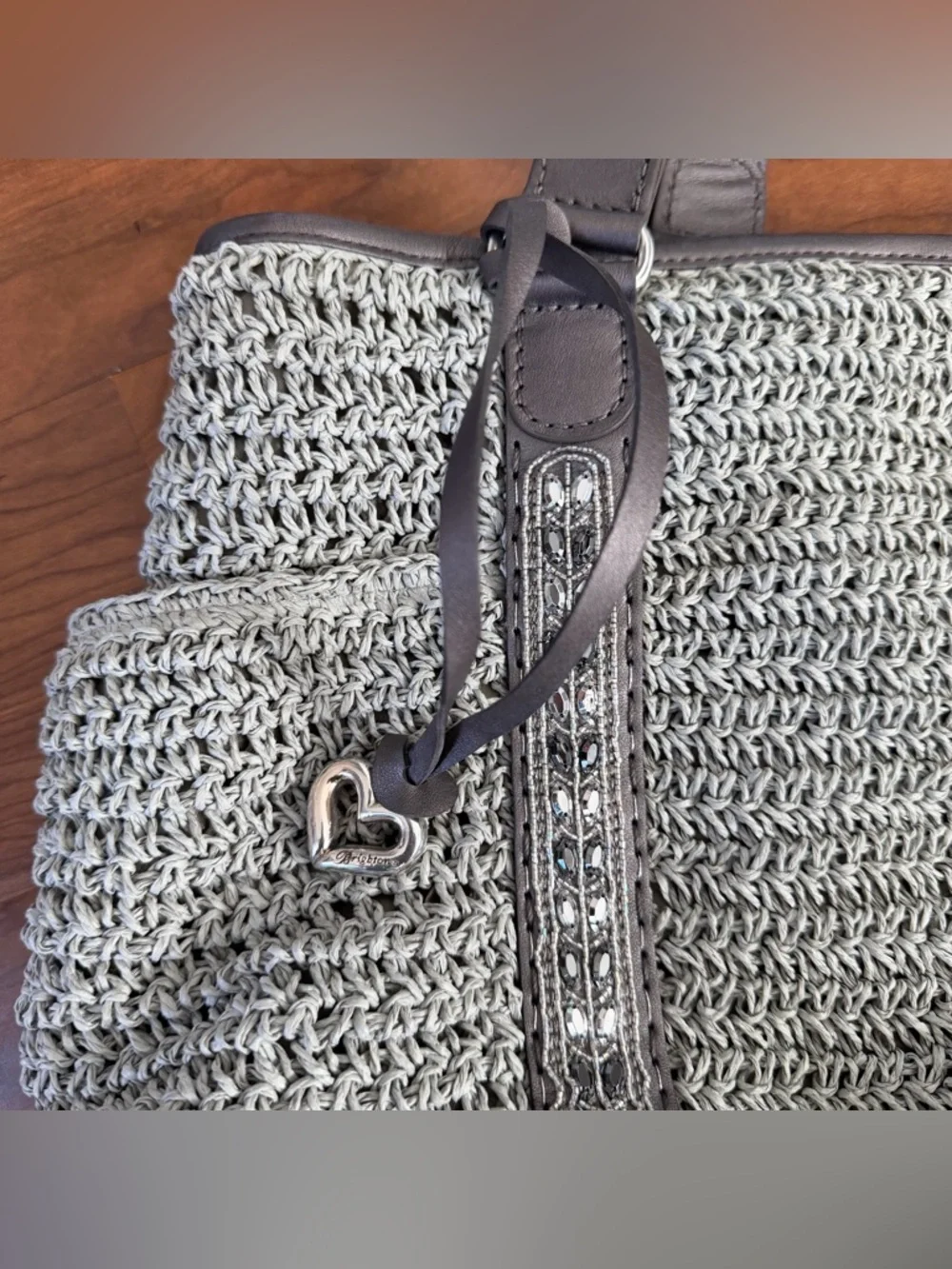 Brighton Aria Anju XLStraw Woven Leather‎ Carryall Pewter Gray Tote Shoulder Bag